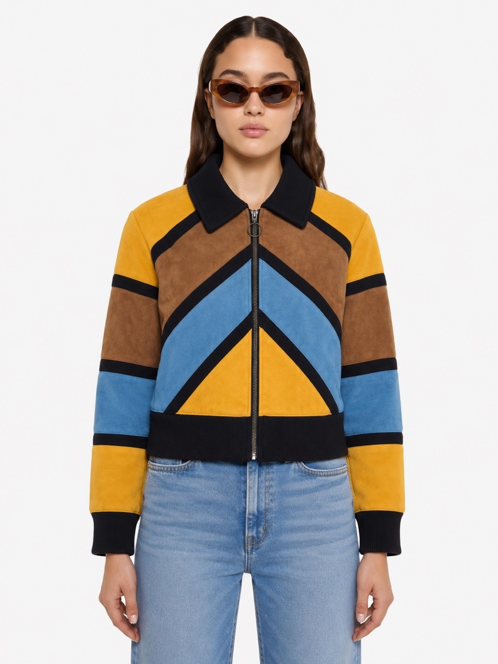 MOTHER Colorblock Faux Suede Bomber Jacket in Mustard, Brown & Teal
